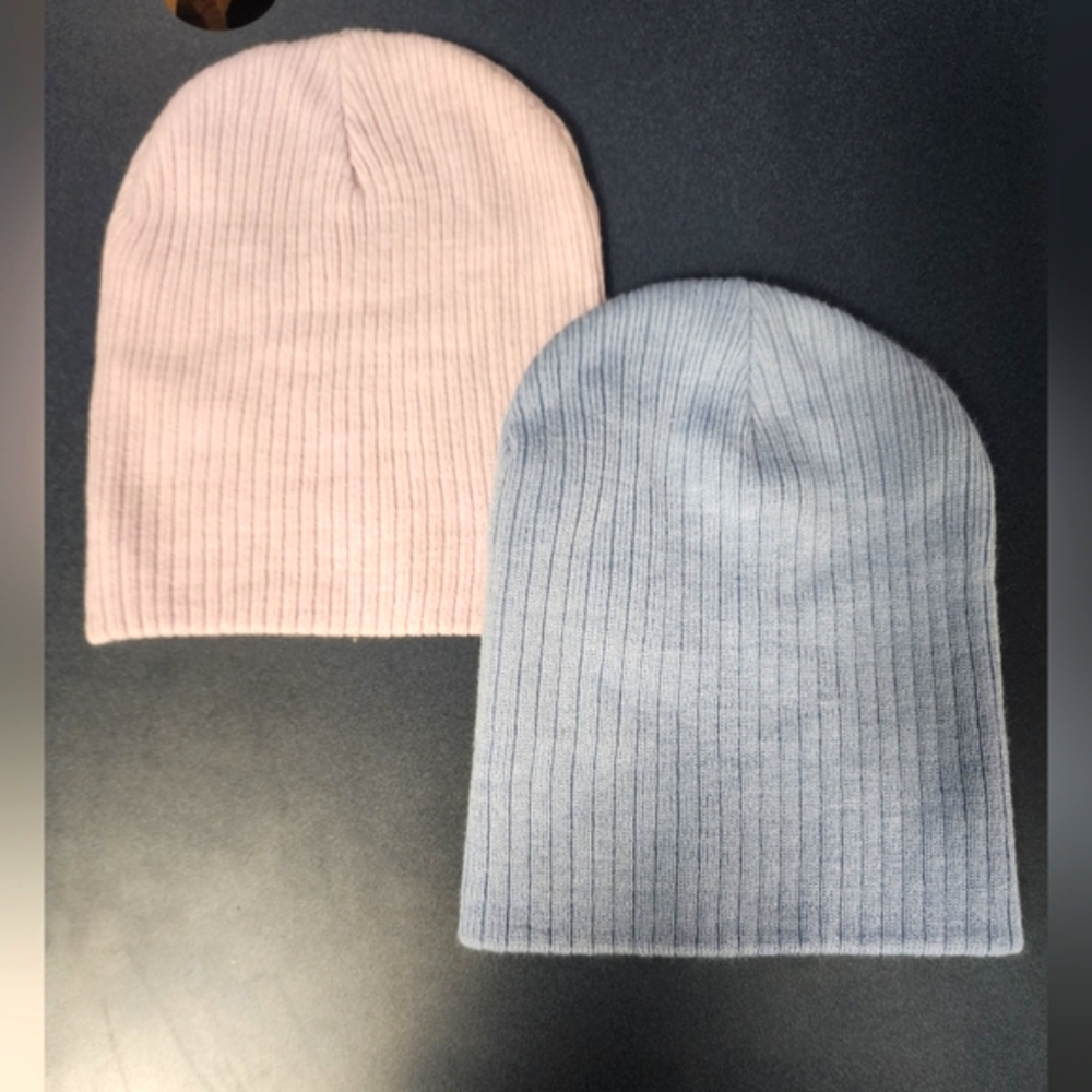 Ribbed Knit Beanie Set - Pink and Blue